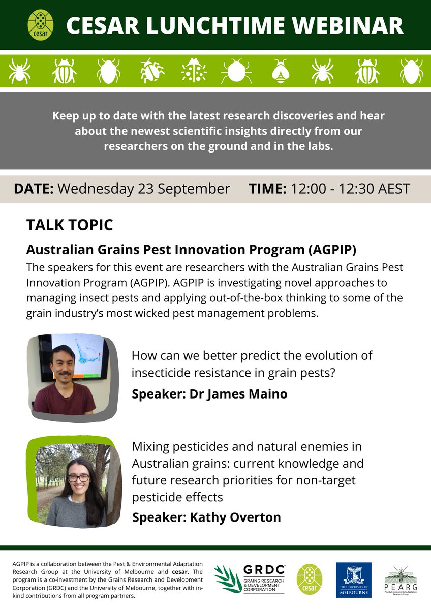 cesaraustralia's tweet photo. cesar lunchtime webinar looking at new research for pesticide management w/ #AGPIP on 12:00-12:30, Wednesday 23 September.

REGISTER: https://t.co/1T1yojSh17 https://t.co/IJrbX04ALA