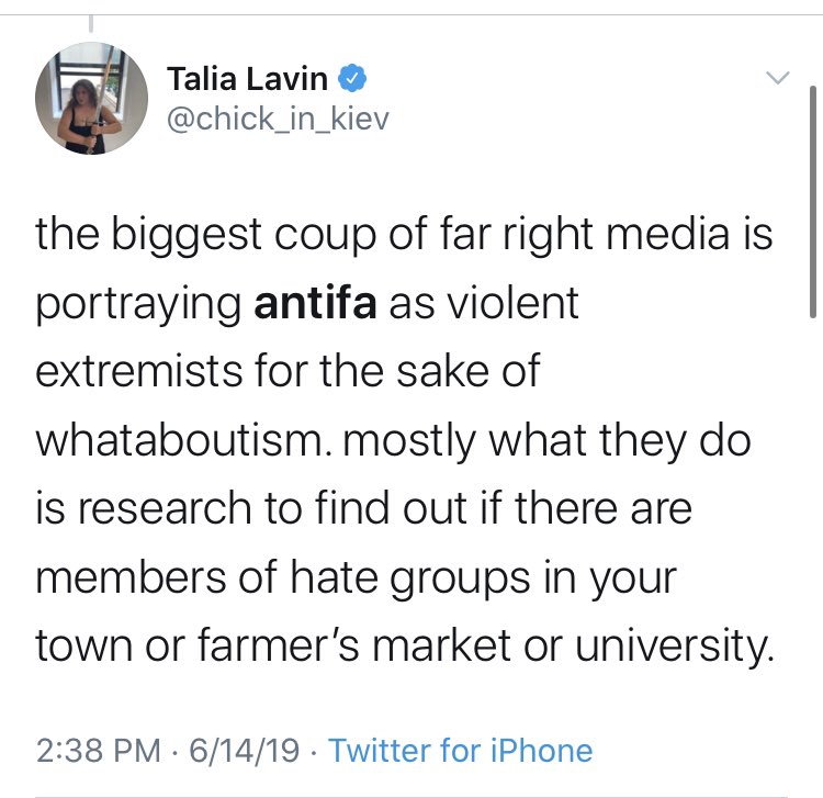 Remember Talia Lavin? She says all the quiet parts out loud here, as some kind of antifa expert I guess?  @chick_in_kiev