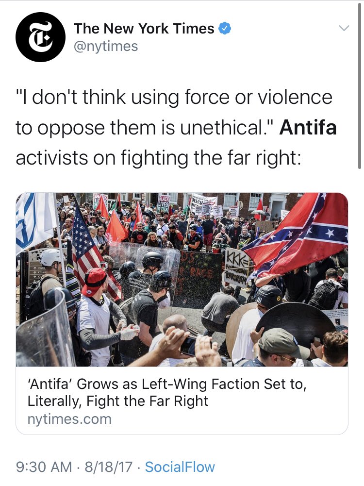 The media, drawn to absurd like moths to a flame, has taken on a similar tact when talking about antifa.  @nytimes may be the league leaders here though. This is just...something.