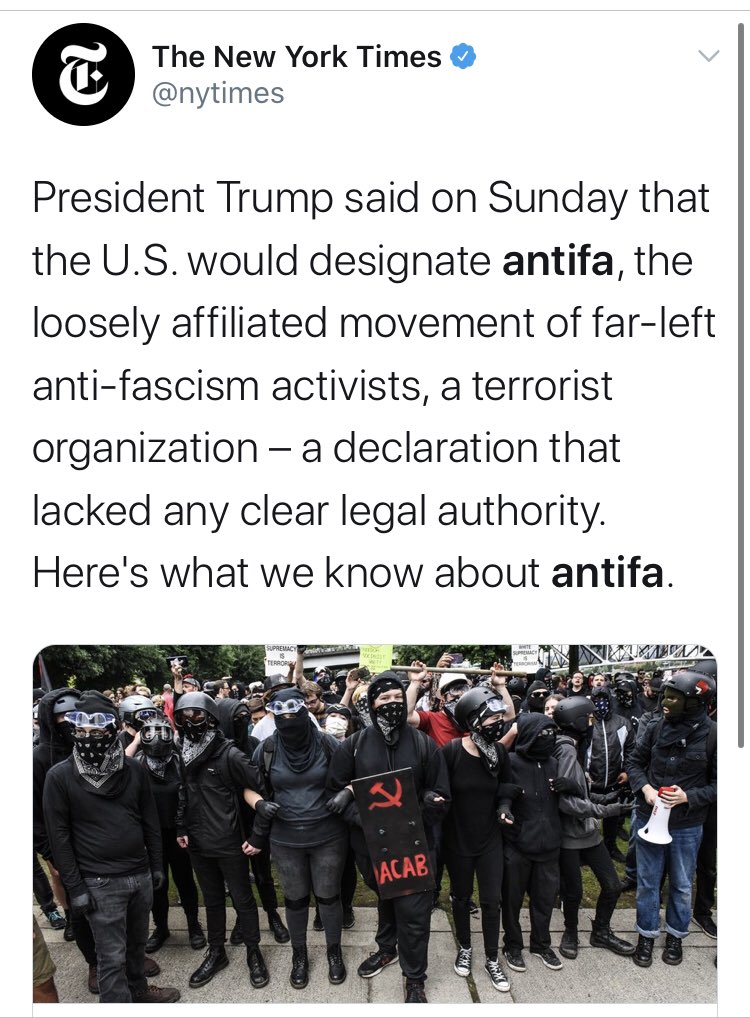 The media, drawn to absurd like moths to a flame, has taken on a similar tact when talking about antifa.  @nytimes may be the league leaders here though. This is just...something.