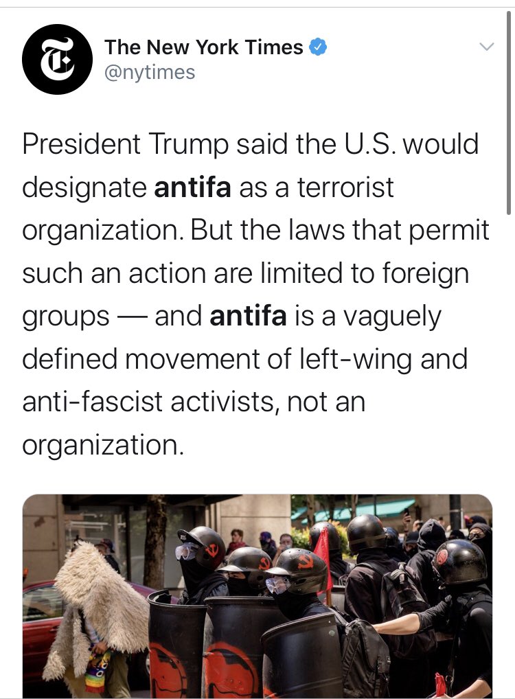 But this whole thing gets dumber. Because not only is antifa a noble band of merry warrior-patriots, they - get this - don’t even exist. Here is, again,  @nytimes.