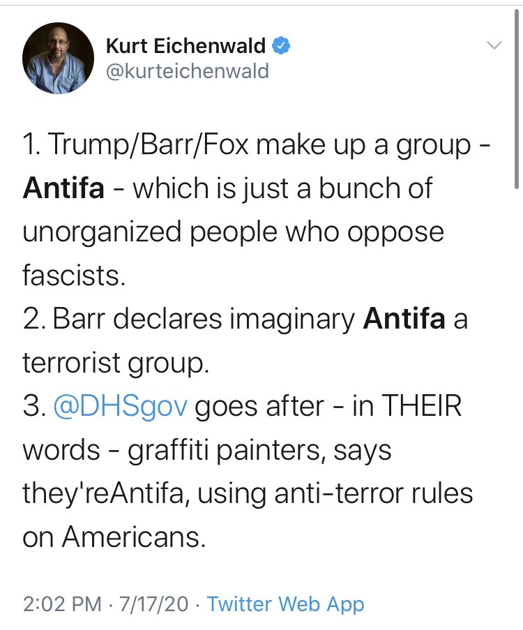 This here is why  @kurteichenwald is and always will be my favorite account on this website. Not only does he say that antifa is a right wing invention, he does it despite *roundly condemning antifa in 2017*That takes balls.