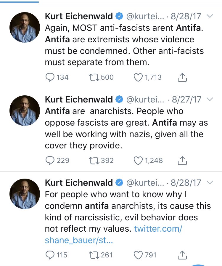 This here is why  @kurteichenwald is and always will be my favorite account on this website. Not only does he say that antifa is a right wing invention, he does it despite *roundly condemning antifa in 2017*That takes balls.