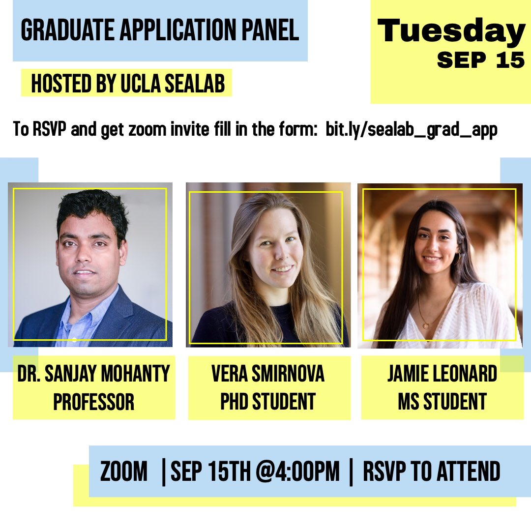 SEALab_UCLA's tweet photo. Pandemic makes it harder for students to learn from peers and prepare for grad school applications. So SEALab members are stepping up to help students who may need it. If you are one of those, sign up https://t.co/8cNilVfnnf. #gradschool https://t.co/C99AmYfFD3