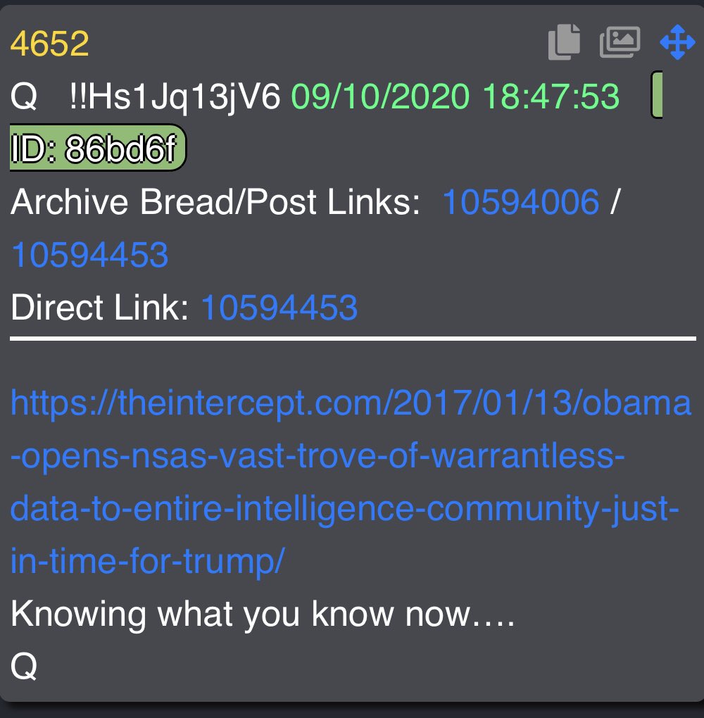 4652 https://theintercept.com/2017/01/13/obama-opens-nsas-vast-trove-of-warrantless-data-to-entire-intelligence-community-just-in-time-for-trump/Knowing what you know now….Q