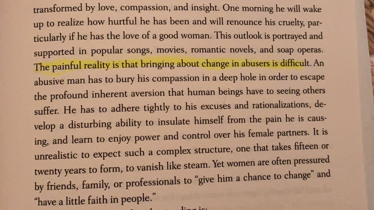 “The common view of abusers as evil & calculating can make it difficult to recognize the problem. ‘My partner has a good side, they can’t be an abuser.’ At the other end of the spectrum, the idea that their humanity is just hidden under the surface & can be transformed by love.”