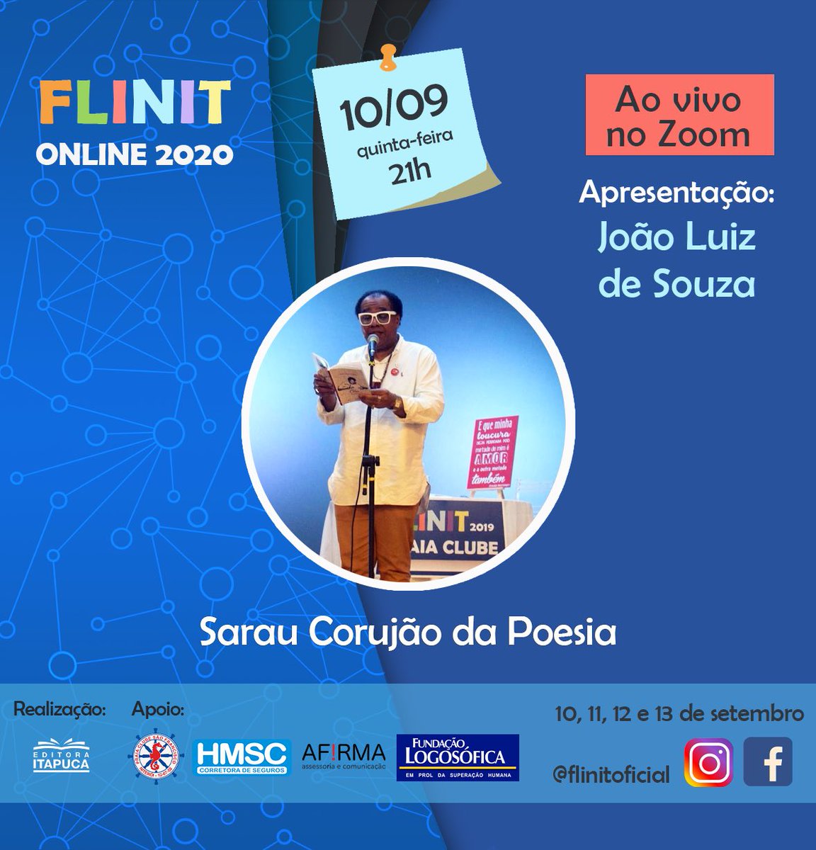 flinitoficial's tweet photo. Daqui a pouco tem o tradicional sarau Corujão da poesia com microfone aberto!!! 💙🎤
Participe pelo link https://t.co/6p3SCuGTKg ou acesse pelo zoom com ID: 498 941 1569 e senha: 1QdDm2 https://t.co/LObpXk1pcd