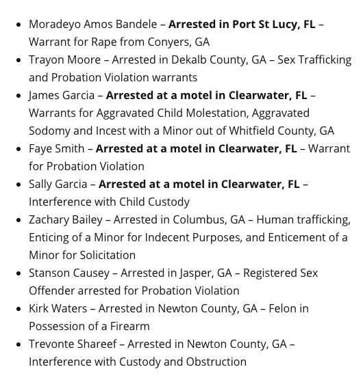 Correct. NOT all of the people arrested were arrested for Child Trafficking, some were for Child Molestation, Interfering with Child Custody, Interference with Custody. Sodomy and Incest with a Minor, so yes you can be trafficked and abused by your own family. This is not new.