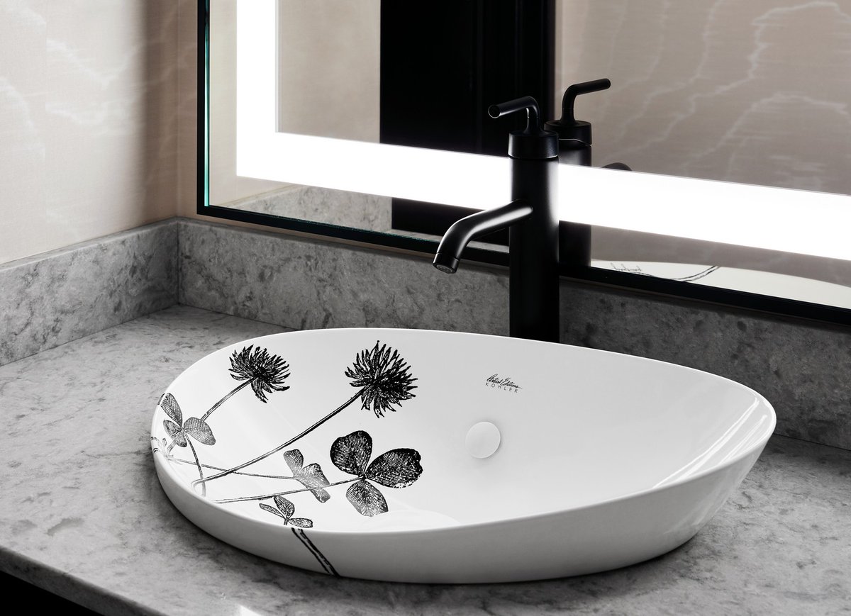 Art isn't limited to the walls. We partnered with local artist Daniel Chung  to customize our Veil sinks. The floral inlays are a refreshing design  element in the bathroom. #saintkate #kohler #kohlermiddleeast #, image size:1200x869