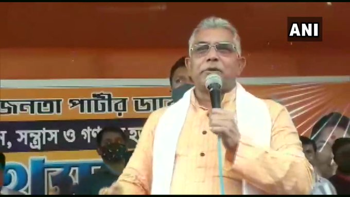 ANI's tweet photo. Corona has gone. Didimoni (Mamata Banerjee) is acting and imposing lockdown so that BJP can't organise meetings and rallies in the state. No one can stop us: Dilip Ghosh, BJP President, West Bengal at a public rally in Dhaniakhali (9/9/2020) https://t.co/VVSJ0mSBCg