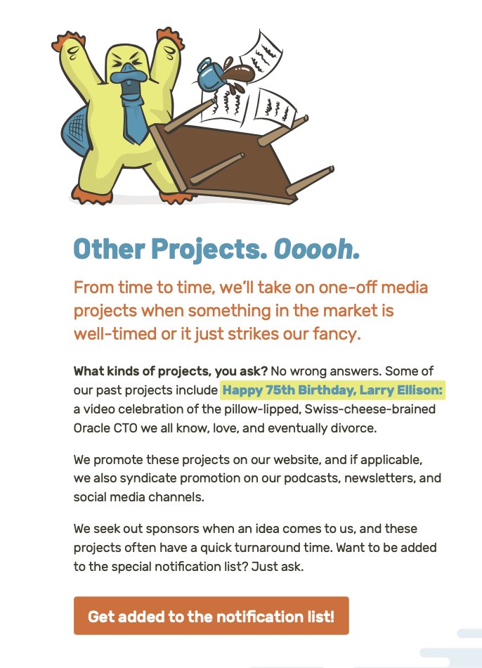 But far and away my favorite thing is the "special projects." I'm serious; for the right price I will attempt to de-orbit a satellite via  @awscloud Ground Station onto Larry Ellison's house. If it works, your company makes the front page of basically EVERYTHING!