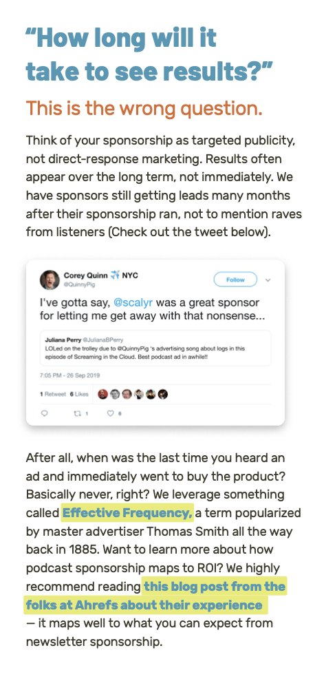 Another question is around the attribution of ads. Look--people listen to podcasts while doing lots of things that don't involve computers. They're unlikely to stomp the brakes, ram a bridge abutment, and fire up your website. It's an awareness play, not a direct response game.
