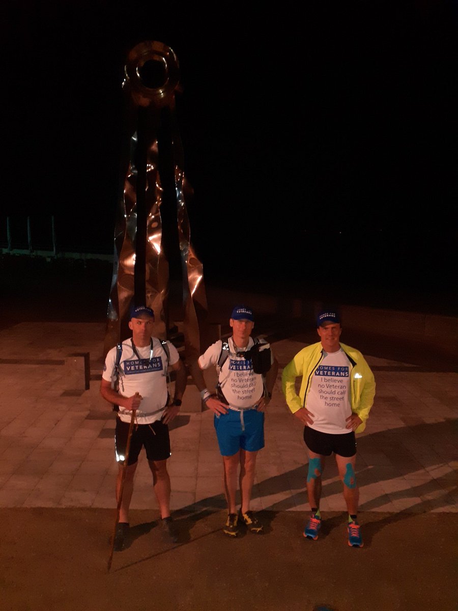 H4V_Alabare's tweet photo. Runners Charles Malet, Alex Cooper and Tom Hall at the beginning of their 177 mile #Offa2020 Challenge to break the current 64 hour record to raise funds for #homeless #Veterans @AlabareUK https://t.co/sIYKiaH0iQ