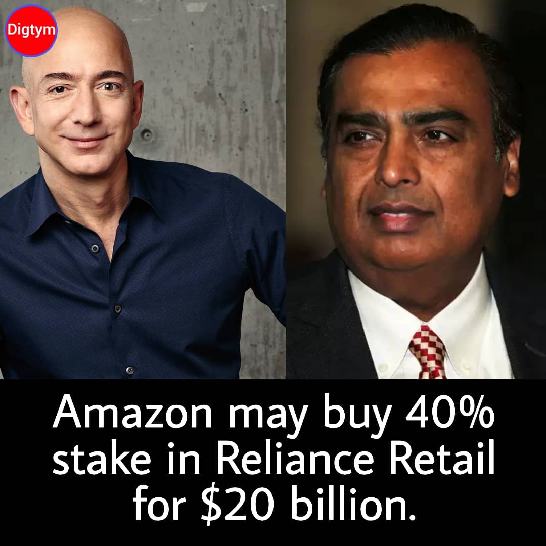 thevickyshaurya's tweet photo. Amazon may buy 40% stake in Reliance Retail for $20 billion.
#Amazon #RelianceRetail #buystake #retailbusiness #JeffBezos #MukeshAmbani #businessnews #Digtym https://t.co/TAw5Z47zee