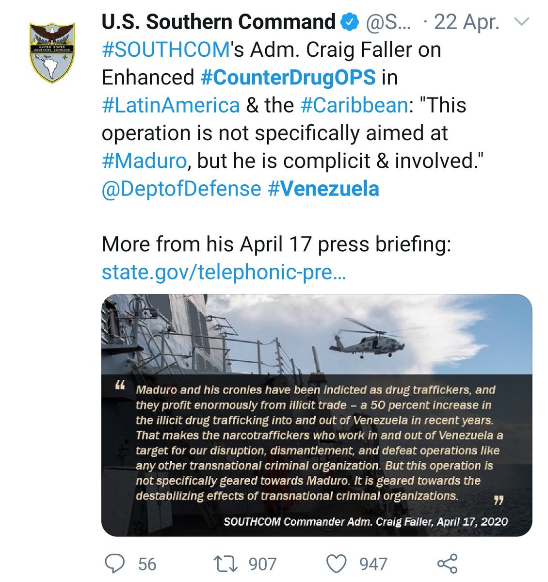 –Autorizó la más grande  #CounterDrugOps en el Caribe y que por 1ra. vez involucra la USNavy, el  #Southcom y el Departamento de Defensa de EUA para interceptar Toneladas de droga destinadas a ser usadas contra la Civilización Occidental, y donde el Régimen de Maduro es cómplice.