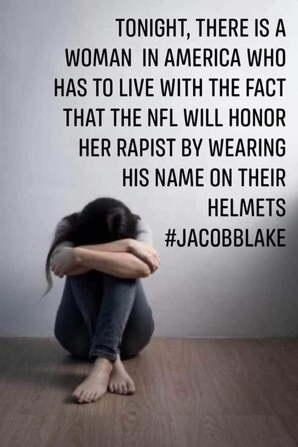 MaryAnn29393212's tweet photo. #BoycottNFL 
#bannfl 

TONIGHT THERE IS A WOMAN IN AMERICA WHO HAS TO LIVE WITH THE FACT THAT THE NFL WILL HONOR HER RAPIST BY WEARING HIS NAME ON THEIR HELMETS .@drewbrees .@ClarkHuntChiefs .@PatrickMahomes 

YA'LL DON'T GIVE A RAT'S ASS RICH MFER'S 

#BoycottNBA #bannnfl https://t.co/nz88usWkqb