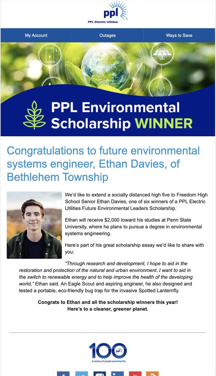 We knew he was awarded this scholarship a bit ago, but it was fun to see this unexpected email announcement this morning!  Thanks <a href="/PPLElectric/">PPL Electric Utilities</a>! <a href="/BethlehemAreaSD/">BASD</a> <a href="/BASDSUPT/">Joseph Roy (Parody)</a> #basdproud