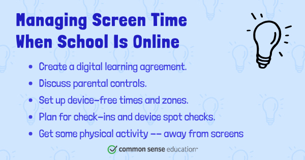 CommonSenseEd's tweet photo. How can families ensure kids take breaks from screens during a full day of distance learning? Share with families! #familyengagement #mediabalance  https://t.co/5YYlLtJmK1 https://t.co/7kfMAAu7Q6