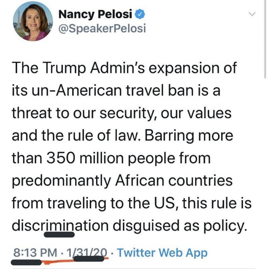 RIDDLE ME THIS?What did  #NancyPelosi say when President  #Trump2020 ban incoming flights from China, Europe, and Africa, on January 31, 2020, to PROTECT AMERICANS from  #Covid_19? #TrumpKnewANSWER: