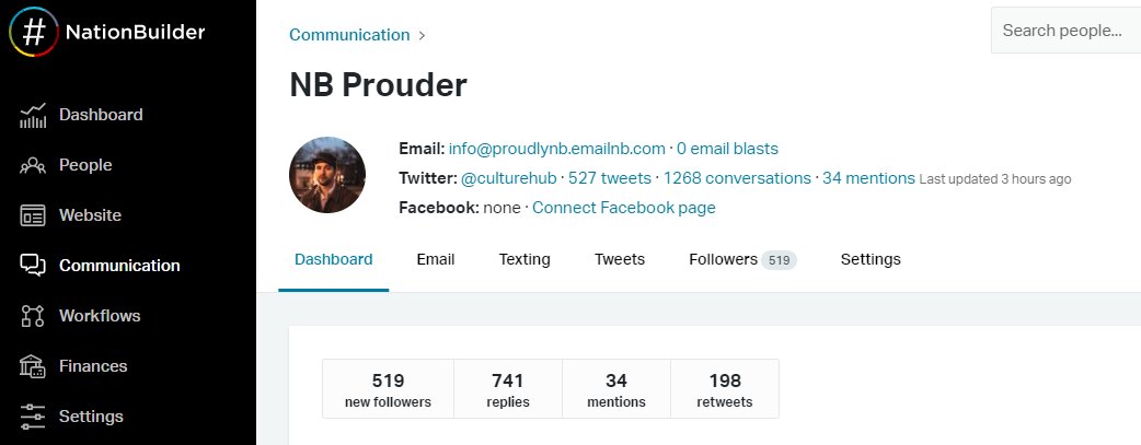 NationBuilder can track all contacts with the public. Every call, email, text, tweet, like and comment is automatically captured in NationBuilder. I created a 14-day trial and connected it to my Twitter account. Now I'm tracking you! I called my account NB Prouder 2/9
