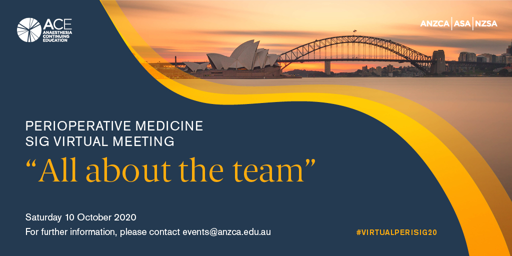 ANZCA's tweet photo. Register now for the #VirtualPeriSIG20 on Saturday 10 October https://t.co/Sl0oDPyECn. This inaugural meeting will feature international and local speakers sharing the latest updates on #PeriopMed #teamwork #anaesthesia @ASA_Australia,@TheNZSA,@TheRACP,@anzsgm, @RACSurgeons https://t.co/LJw4fMIuyi