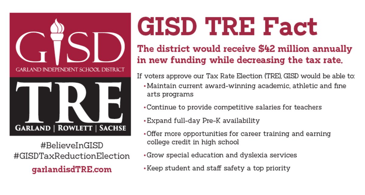 🚨🚨 Important information for all stakeholders! For more information please visit garlandisdTRE.com #BelieveinGISD #GISDTaxReductionElection #WeROne #gisdalwaysconnected 🚨🚨