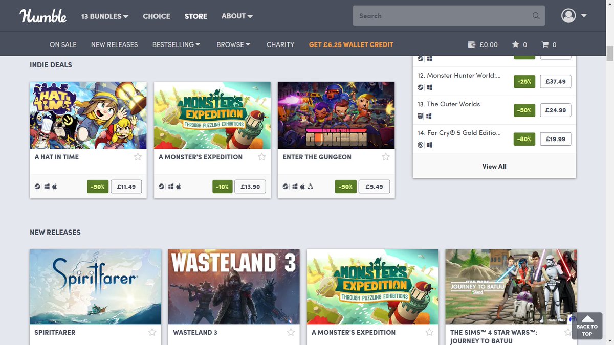A screenshot of the Humble Store. A Monster's Expedition is shown under "indie deals" and under "new releases".