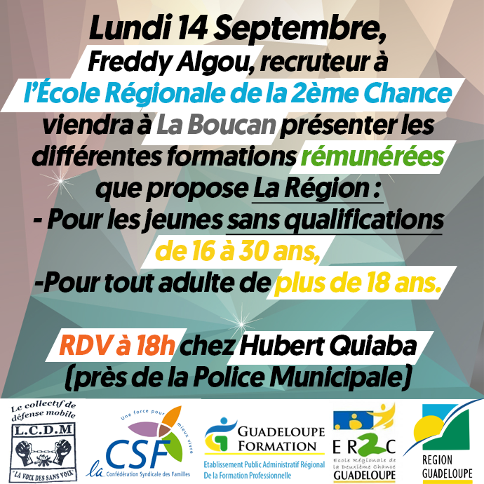 hquiaba97115's tweet photo. Grâce à l'UDCSF et la collaboration du LCDM et la Région Guadeloupe, nous accueillerons lundi 14/09 à La Boucan, Freddy Algou, recruteur à l'Er2c, pour nous parler de différentes #formations rémunérées :
RDV à 18h00 chez moi à #LaBoucan Ste-Rose.
Venez Nombreux ! https://t.co/JgJLX9kyNS