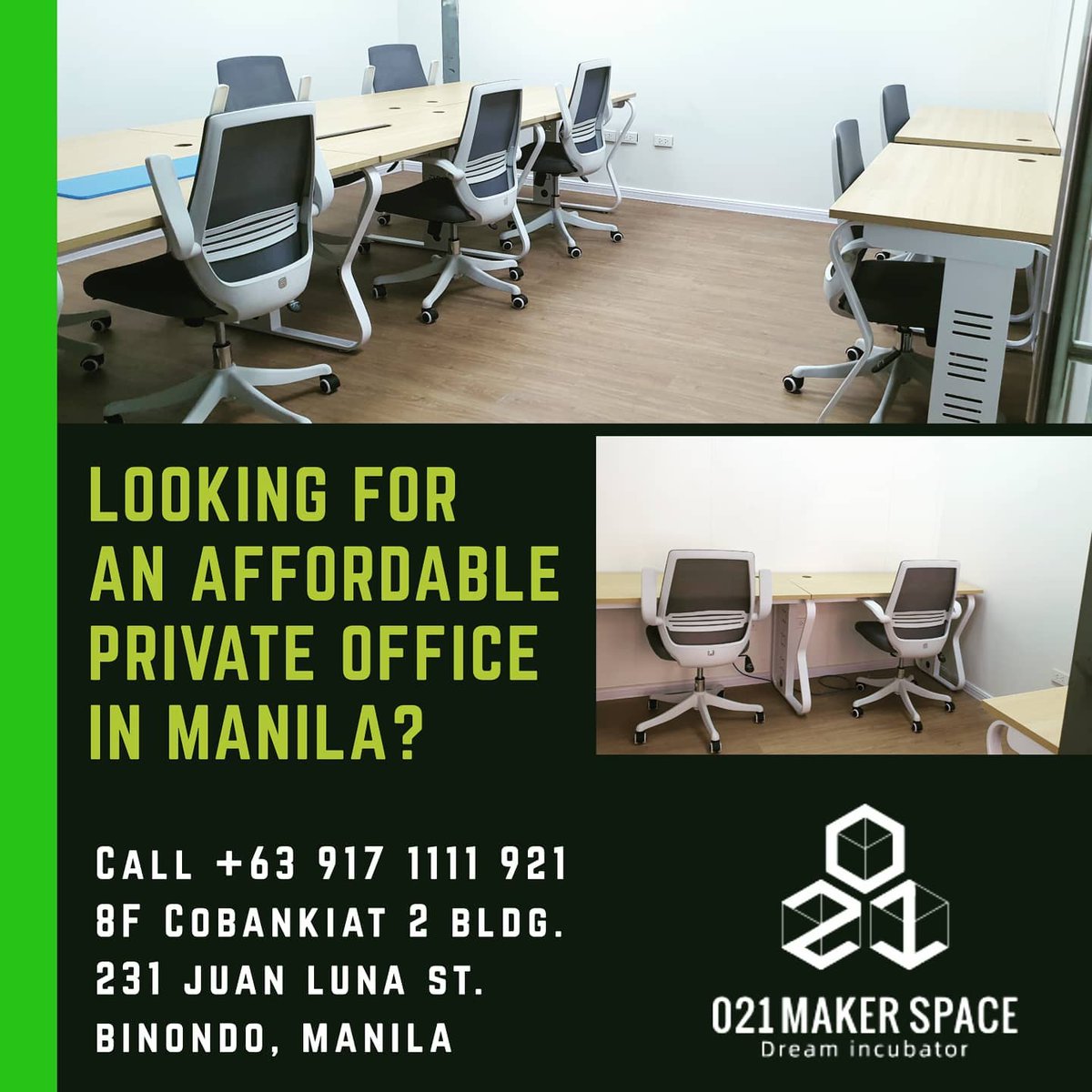 Are you looking for a Private Office in Manila? We've got you covered! We have #privateoffices ideal for small #startupbusiness and #largecompanies.
Inquire Now and avail 50% off when you reserve your space today! (*T&C applies)
0917 1111 921 / admin@021makerspace.com
#coworking
