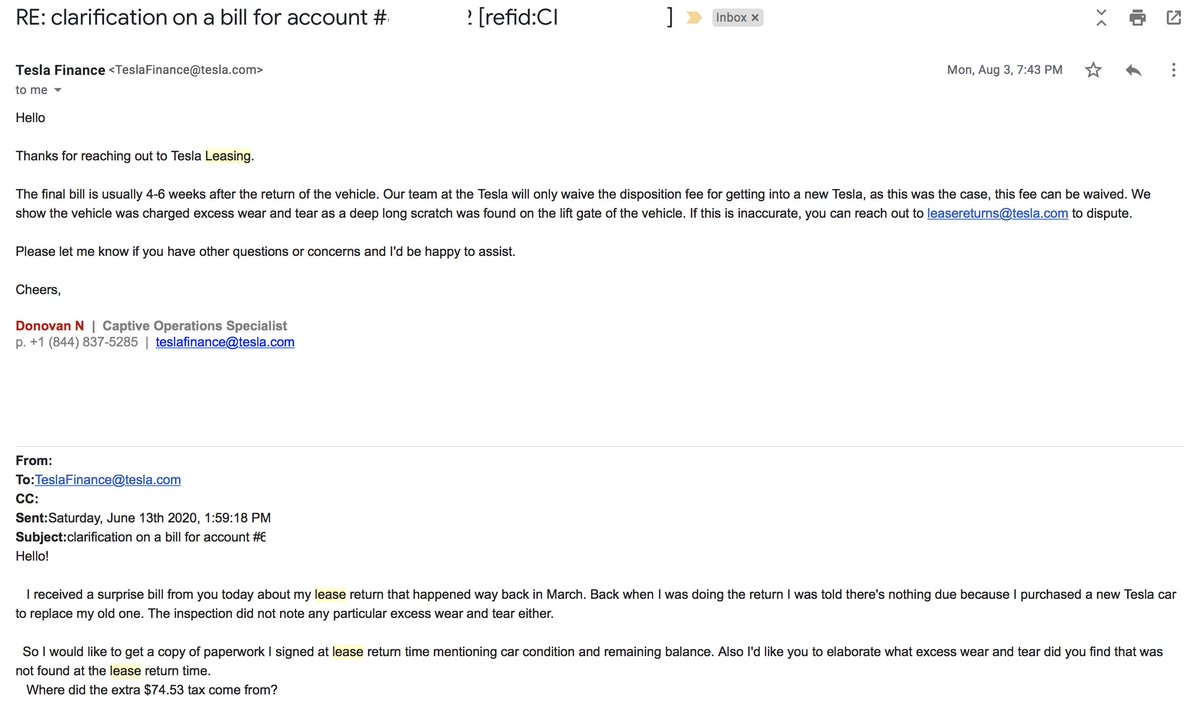 Naturally I emailed Tesla the same day seeing WTDF is going on and asking for a copy of the paperwork from lease return.On Aug 3rd I got my reply-non-reply (meanwhile like clockwork I was getting automated nags to pay the bill)