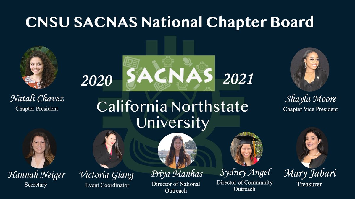 CnsuSacnas's tweet photo. We present to you the full officer board for the CNSU SACNAS Chapter 2020-2021.👩🏽‍💼 We look forward to serving our members&amp; community here in Sacramento County, CA📍
@sacnas https://t.co/DwqCl9CKSd