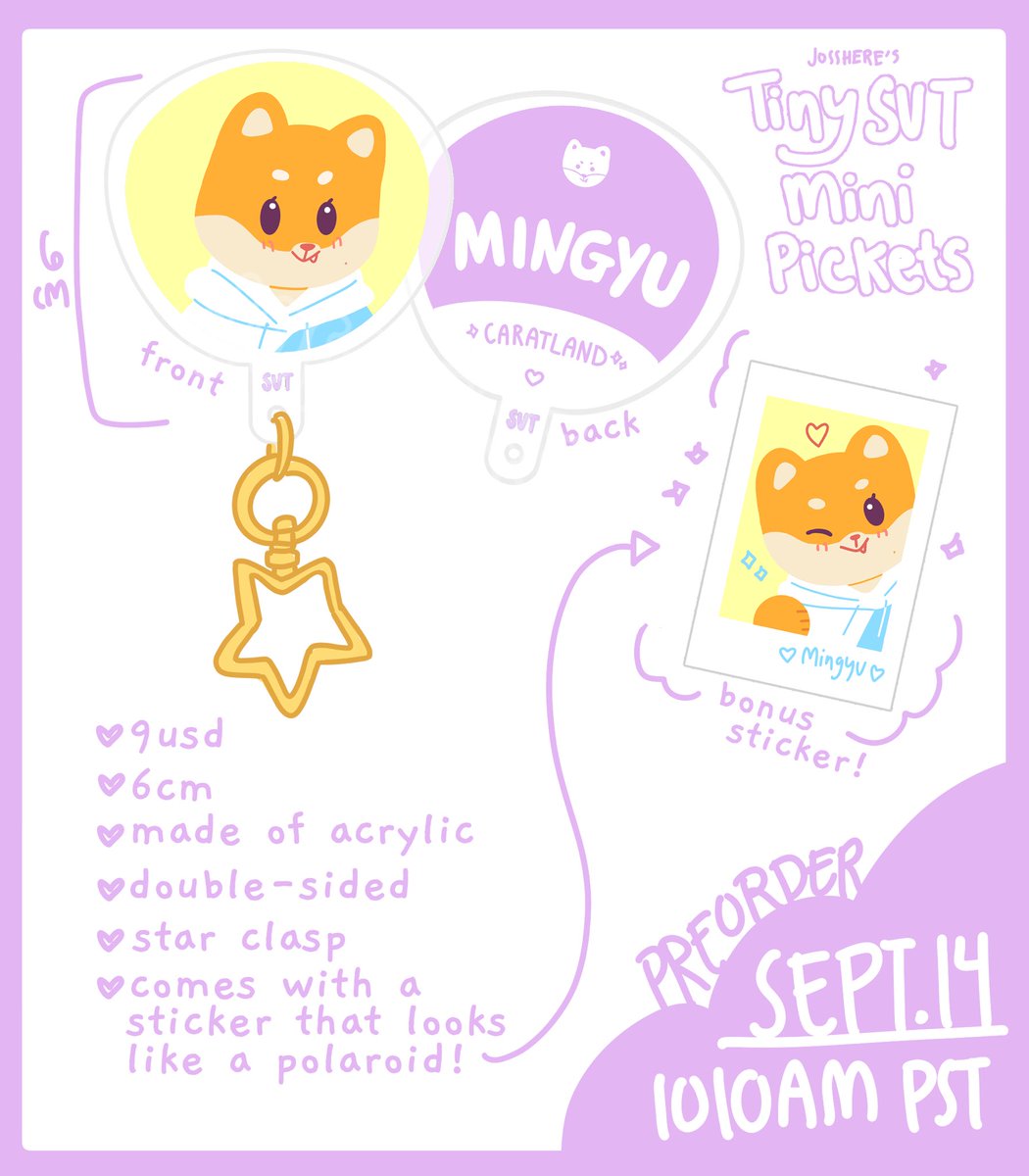 ?‼️ my tiny svt mini caratland pickets will go on pre-order sept 14 at 1010am pst!!
✨6cm acrylic charms (yes actual acrylic)
✨ comes with a matching polaroid-style vinyl sticker
✨ preorder will last a week
✨ will go up on https://t.co/f7NcHxDtuT ✨
