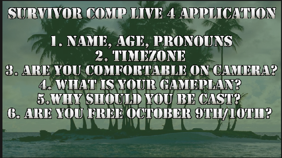 survivorcomp's tweet photo. ANNOUNCEMENT: #SurvivorCompLive Season FOUR is now casting! We are looking for 16 NEWBIES to play! 

When? October 9th/10th

To apply please DM this account the following information below! 

#Survivor #bb22 #TheTotemPole https://t.co/k1jo20ENWM