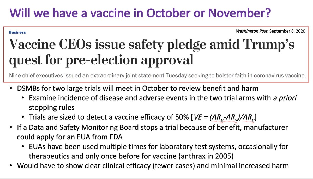 8/ As prelude to next week’s Grand Rounds (on vaccines), @ 22:00 George reviews the 3 major vaccine candidates;  @AstraZeneca vaccine on hold due to pt w/ prob. transverse myelitis. Interesting fact: only 1 vaccine (for inhalational anthrax) has ever received EUA from  @US_FDA.