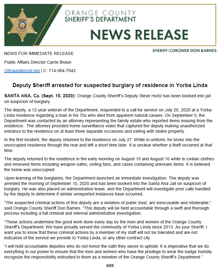 OCSheriff's tweet photo. #OCSDPIO A deputy sheriff was arrested today on suspicion of committing multiple burglaries at a Yorba Linda residence after responding to a prior call for a deceased individual. He is believed to have returned to the home multiple times and suspected of stealing several items. https://t.co/W1gUL7jJN7