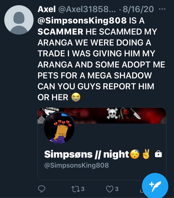  @SimpsonsKing080 is a scammer his old user is @simpsonsking808 and you’ll see all the scam reports :)