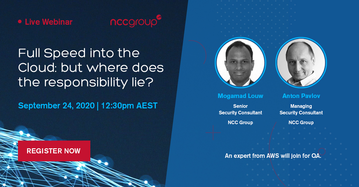 NCCGroupAPAC's tweet photo. 99% of #cloudsecurity failures are the customer’s fault. Don’t let this happen to you. Register for our #CloudSecurity: Who is responsible for what? webinar now  #aws #bigdata #infosechttps://bit.ly/3if6KHc https://t.co/ElGGIG3ZTu