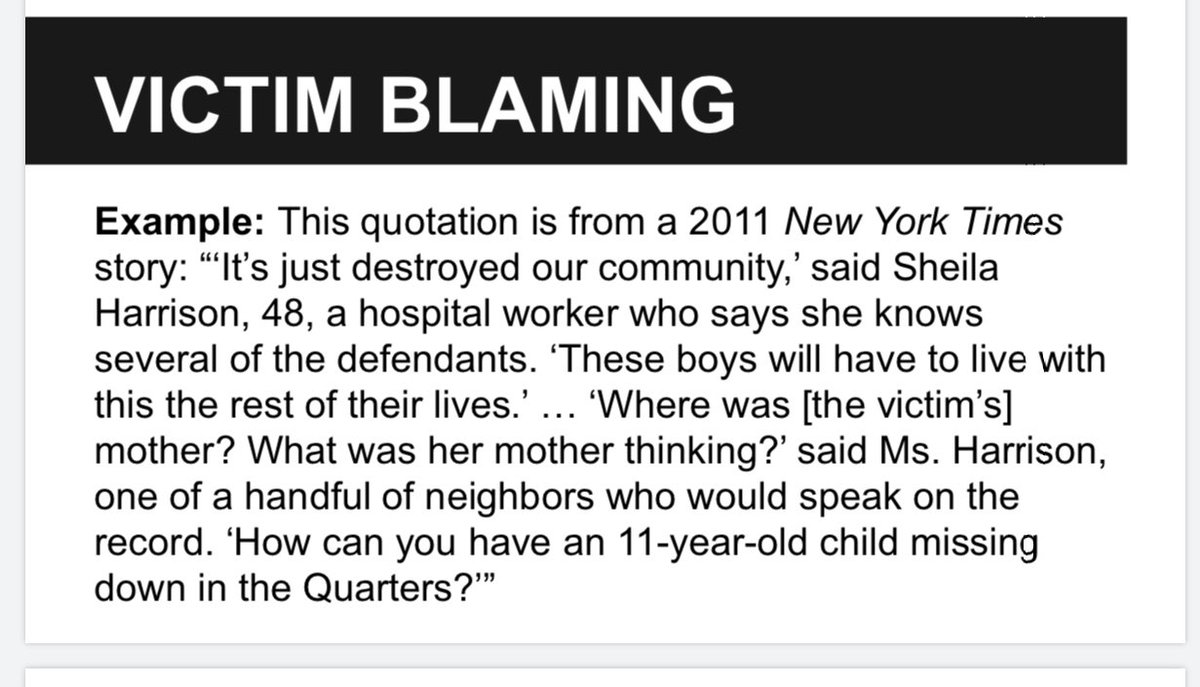 A classic “victim blaming” reporting mistake in the NYT pointed out in this guide  http://www.chitaskforce.org/policy-recommendations/reporting-on-rape-and-sexual-violence/?mc_cid=9693692db8&mc_eid=fe339916df