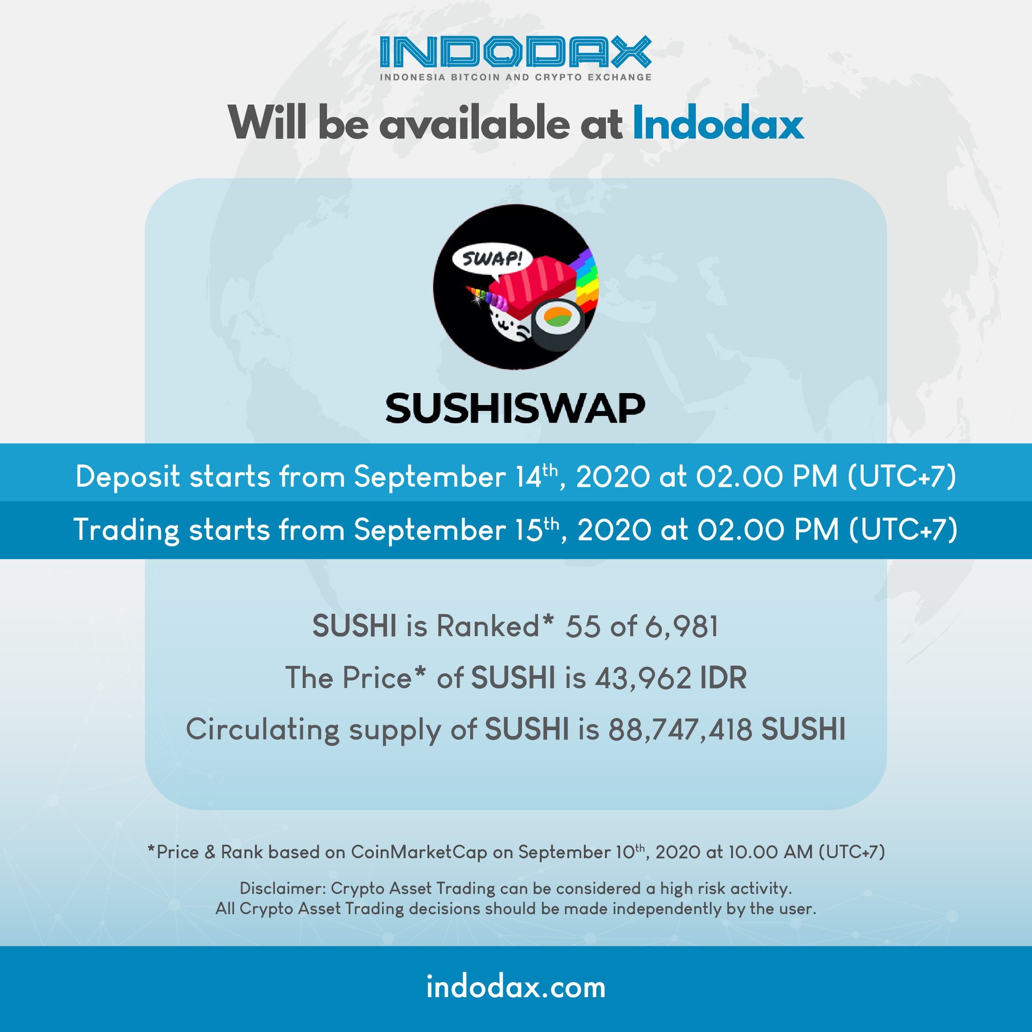 Indodax On Twitter We Are Pleased To Announce New Crypto Asset That Will Be Added To The Indodax Marketplace Sushiswap Sushi For More Information Https T Co Iesltdx28v Indodax Asetmasadepan Https T Co Sis3sz6mcr Indodax On Twitter We Are Pleased To Announce New Crypto Asset That Will Be Added To The Indodax Marketplace Sushiswap Sushi For More Information Https T Co Iesltdx28v Indodax Asetmasadepan Https T Co Sis3sz6mcr
