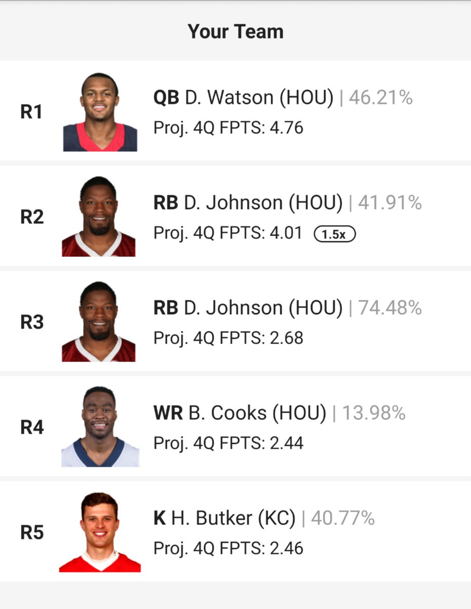 TmoneyNFL's tweet image. 4th quarter Flash Draft lineup looking for @deshaunwatson and a @HoustonTexans comeback. #DraftKings #flashdraft #FantasyFootball