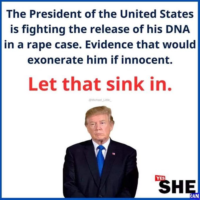 rosegold007's tweet photo. ππNot only is #TrumpAMurderer of 200,000 Americans, #TrumpTheRapist is trying to fight giving his DNA when it could exonerate him if he was innocent. Let that sink in. π€¦π»ββοΈππ https://t.co/LXgfx0Dhxq