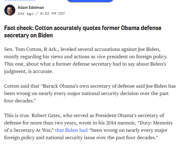 Where does Biden have an actual edge record-wise in DC? Foreign policy? Oh PLEASE.Obama's **own** former Secretary of Defense said **publicly** that Biden has been on the wrong side of every big foreign policy issue since he went to Washington.