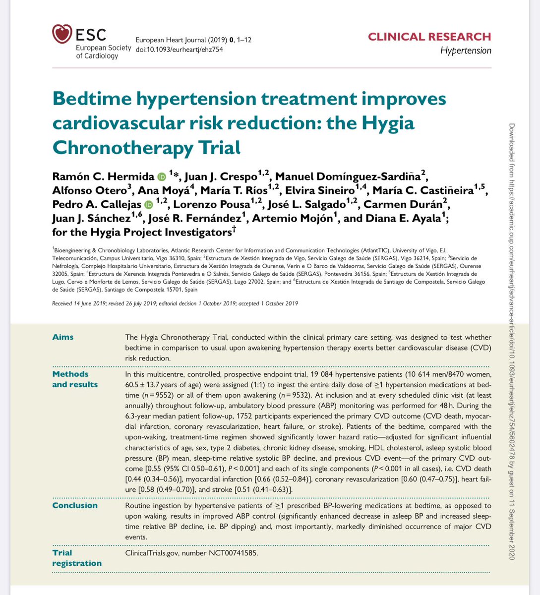 Bedtime hypertension treatment improves cardiovascular risk reduction: the Hygia Chronotherapy Trial  https://academic.oup.com/eurheartj/advance-article/doi/10.1093/eurheartj/ehz754/5602478  @ESC_Journals  @escardio  @AHAMeetings  @AHAScience  #Hypertension20  @purviparwani  @iamritu  @aayshacader  @mirvatalasnag  @HyperAHA  @ISHBP  @CochraneHTN  @Hragy