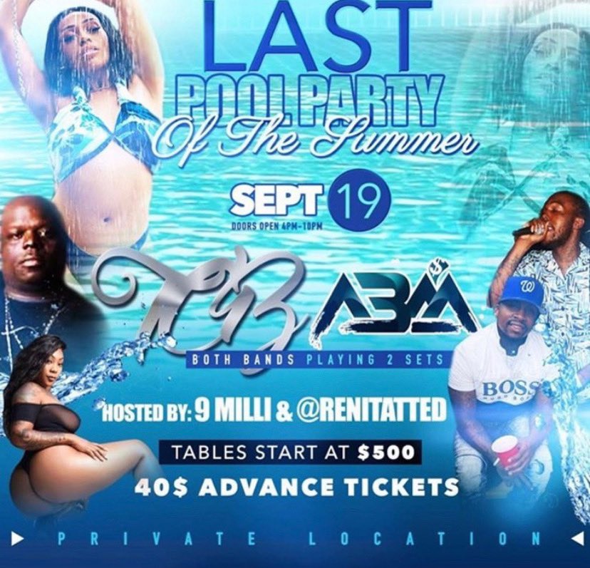 Last Pool Party of The Summer!! ☀️ 💦 Come out and party with @bouncebeatkingz and ABM September 19th! 4-10 Both Bands Playing 2 Sets!!  
$40 Advanced Tickets 
Tables start at $500 for information contact @minidamanager 
Hosted by @9_milli_lenchmobb_prince &amp; @Renitatted