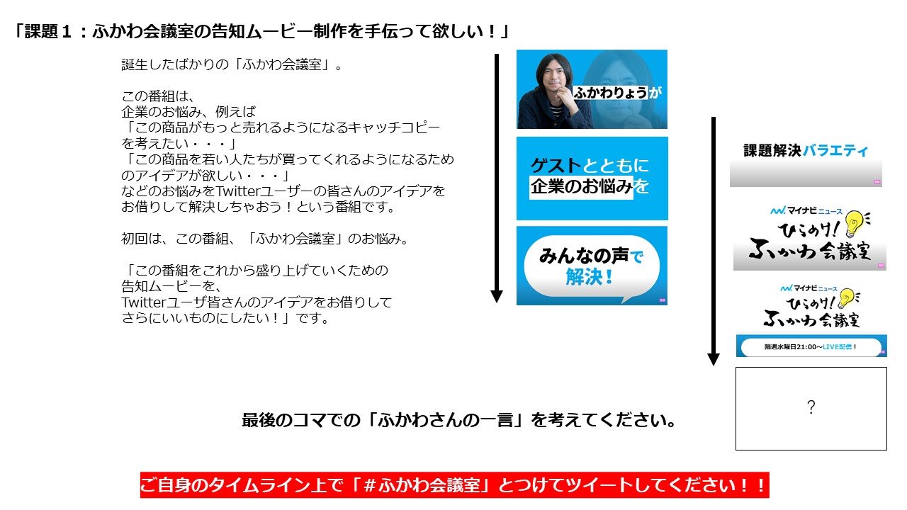 ひらめけ ふかわ会議室 Powered By マイナビニュース 初回放送の課題は ふかわ会議室の告知ムービー制作を手伝ってほしい ふかわ会議室のtwitterアカウントのアイコンを考えてほしい です 詳しくは添付の画像をチェック アイデアを思いついたら