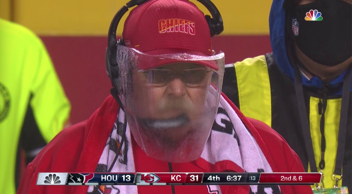 theMMQB's tweet photo. Andy Reid vs. his face shield 😂 #ChiefsKingdom https://t.co/AV8c25JDmU