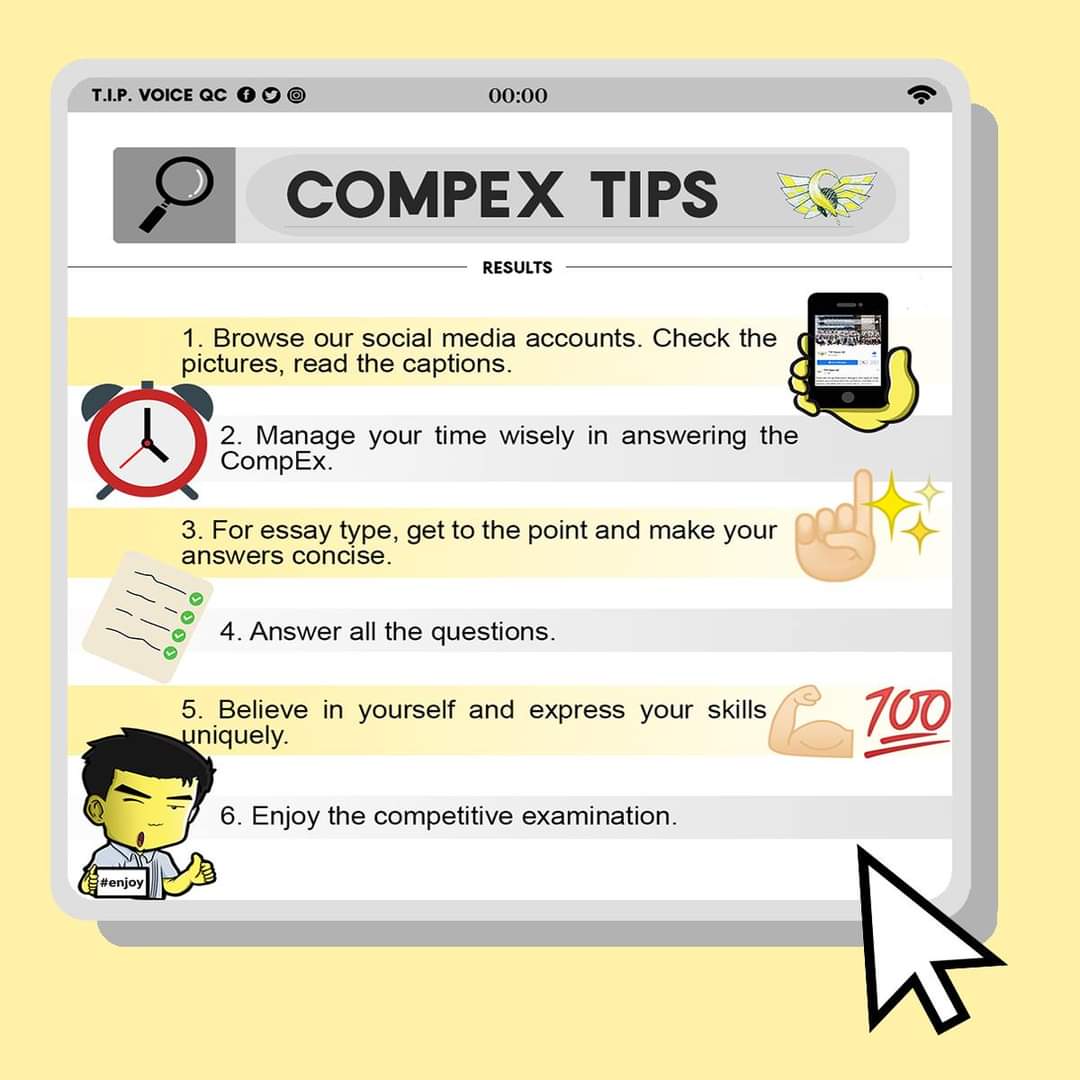 TIPVoiceQC's tweet photo. What’s up, CompEx takers? Are you ready?
Here are a few tips and the things you should prepare before taking the exam.
For more information, kindly visit our facebook page.
Good luck, aspirants!
#RecordedWithFacts
#RaisedWithoutFear
#WeAreVoice
#CompEx2020 https://t.co/8V6IjR1aTy