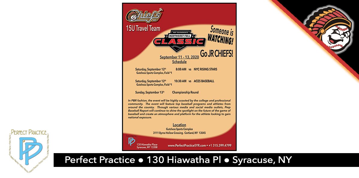 PrfectPractice's tweet photo. Here come the 15U #JrChiefs to the @pbrtournaments Northeast Fall Classic in Cortland, NY. They'll play & be scouted by the college and professional community.
Time to Shine!
#baseball #softball #battingcages #syracusedotcom #CNYTRAVELBALL #champevent #SyracuseMets #pbrnewyork https://t.co/rDKp4z8UNa