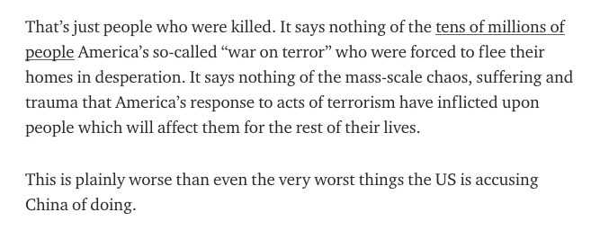 Several millions. Not detained. Not involuntarily subjected to re-education programs. Killed. Five to seven million lives snuffed out, in the name of fighting “terrorism”.