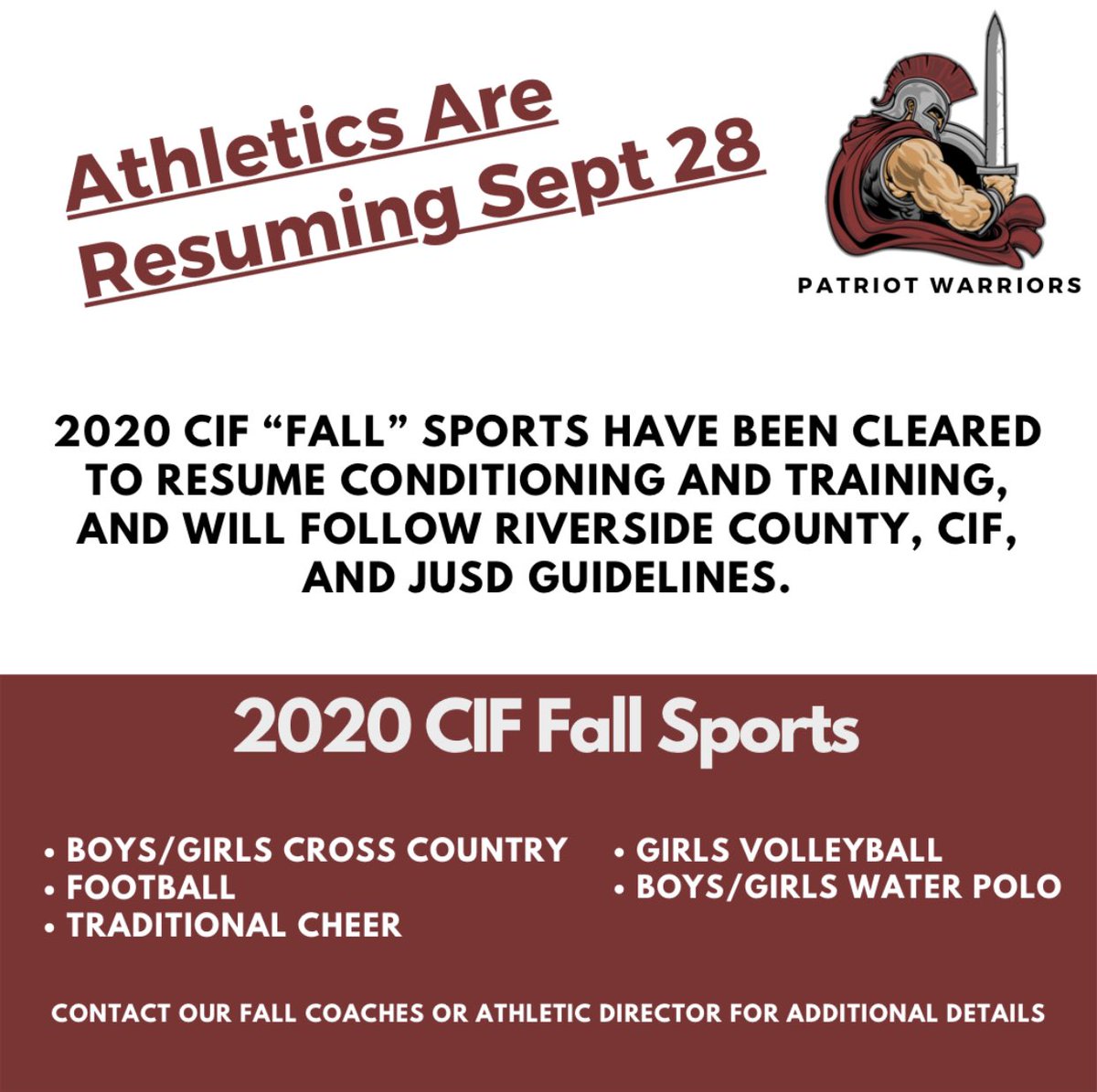 PatriotJUSD's tweet photo. JUSD has approved athletics to resume on September 28th with conditioning and training following all JUSD, CIF, and Riverside County guidelines. Patriot Athletics will begin with our 2020 CIF “Fall” sports @PatriotAthletic @JurupaUSD @IESportsNet @SportswithPep https://t.co/EEq0X0HnXc